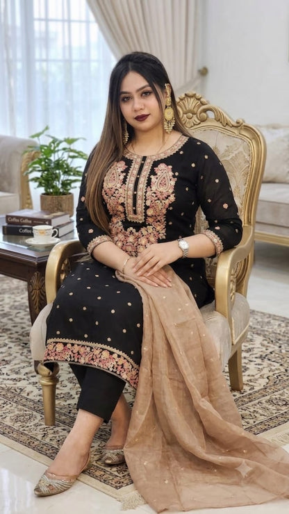 Sequence Embroidery Three Piece for Women | Premium Cotton Salwar Kameez Set with Chiffon Orna | Bangladesh