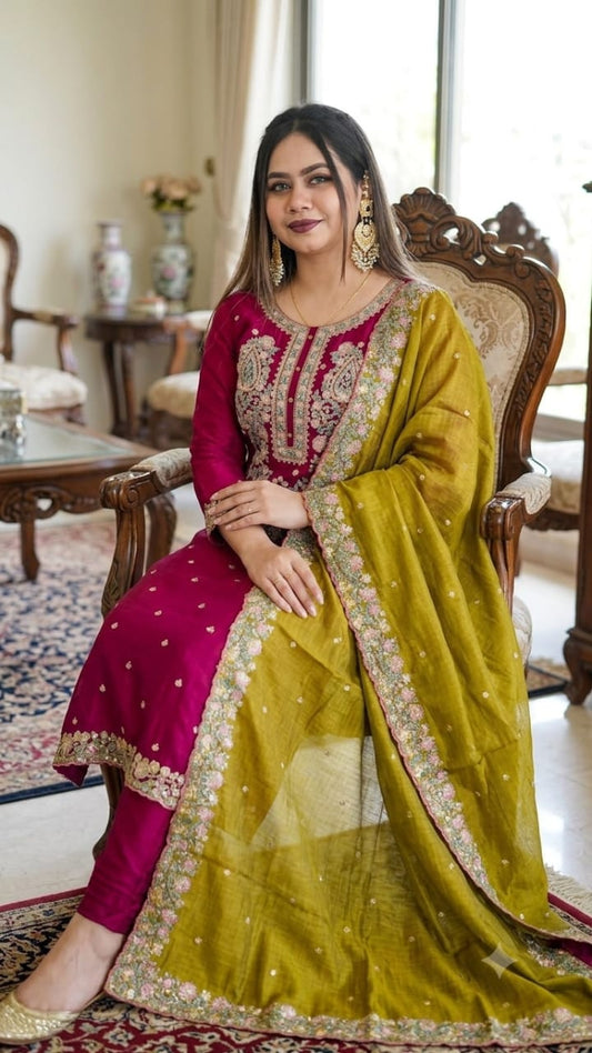 Sequence Embroidery Three Piece for Women | Premium Cotton Salwar Kameez Set with Chiffon Orna | Bangladesh